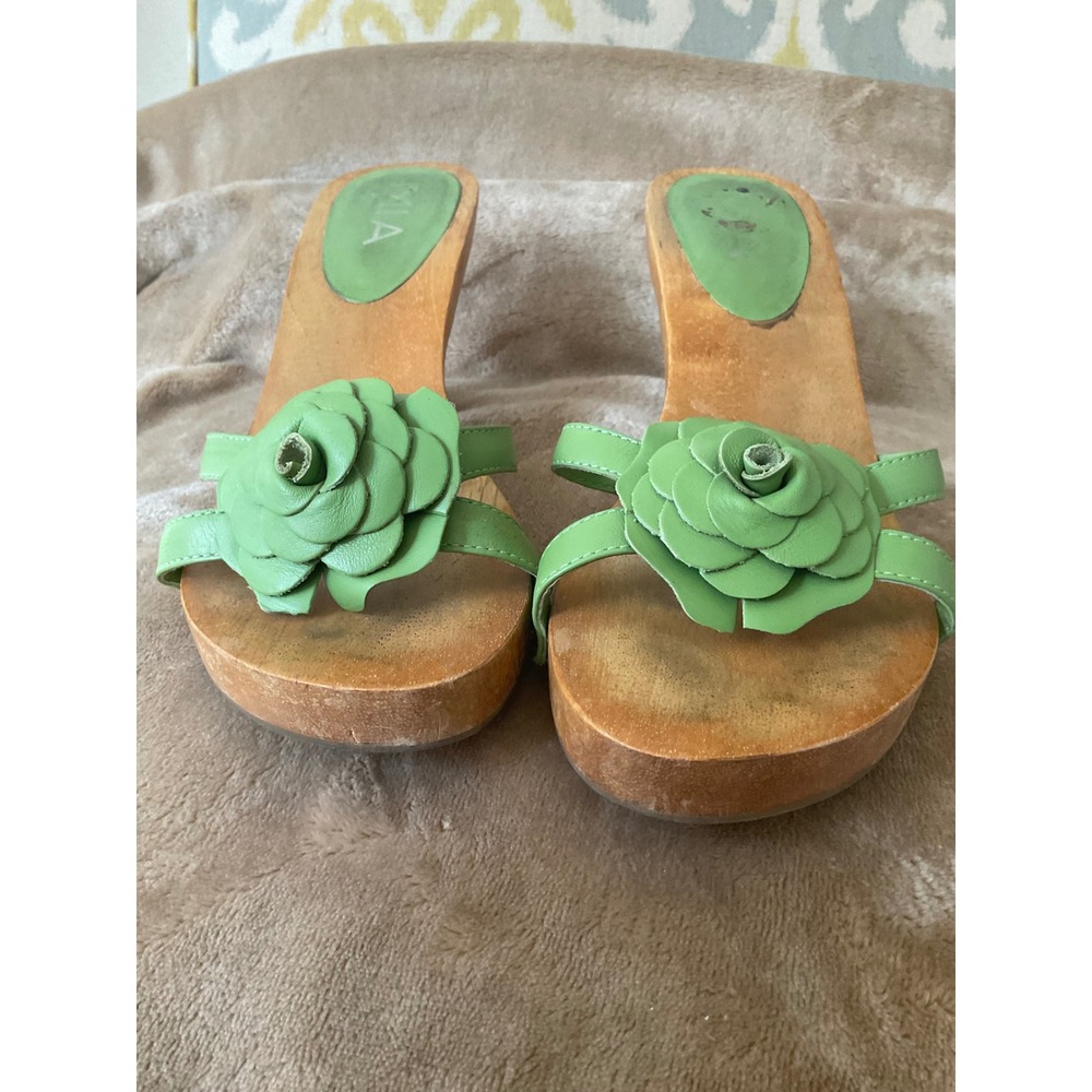 MIA Vintage Y2K Green Leather Flower Wooden Platform Sandals Made in Brazil 7